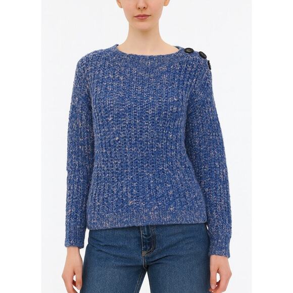 J. Crew sweater knit chunky button shoulder blue crew neck speckled fisherman SM - Picture 1 of 8